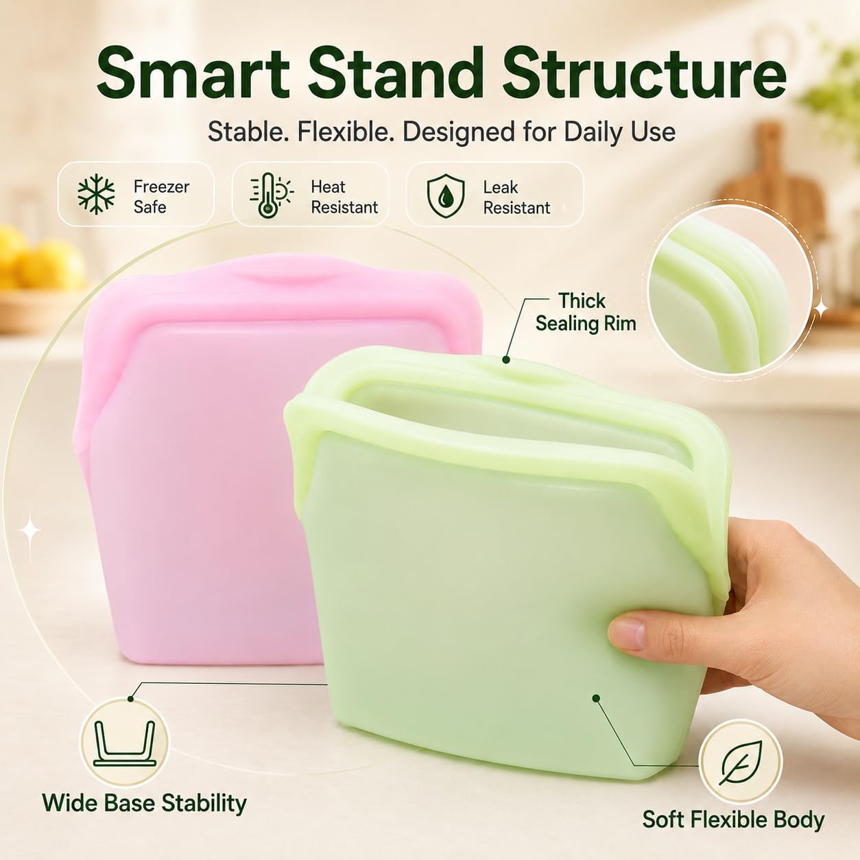 5 Pack 1000ml Stand Up Silicone Food Storage Bags Leakproof