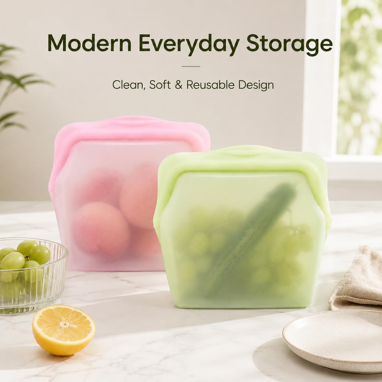 5 Pack 1000ml Stand Up Silicone Food Storage Bags Leakproof