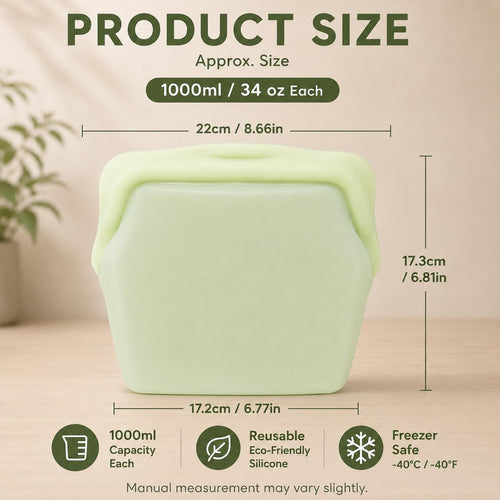 5 Pack 1000ml Stand Up Silicone Food Storage Bags Leakproof
