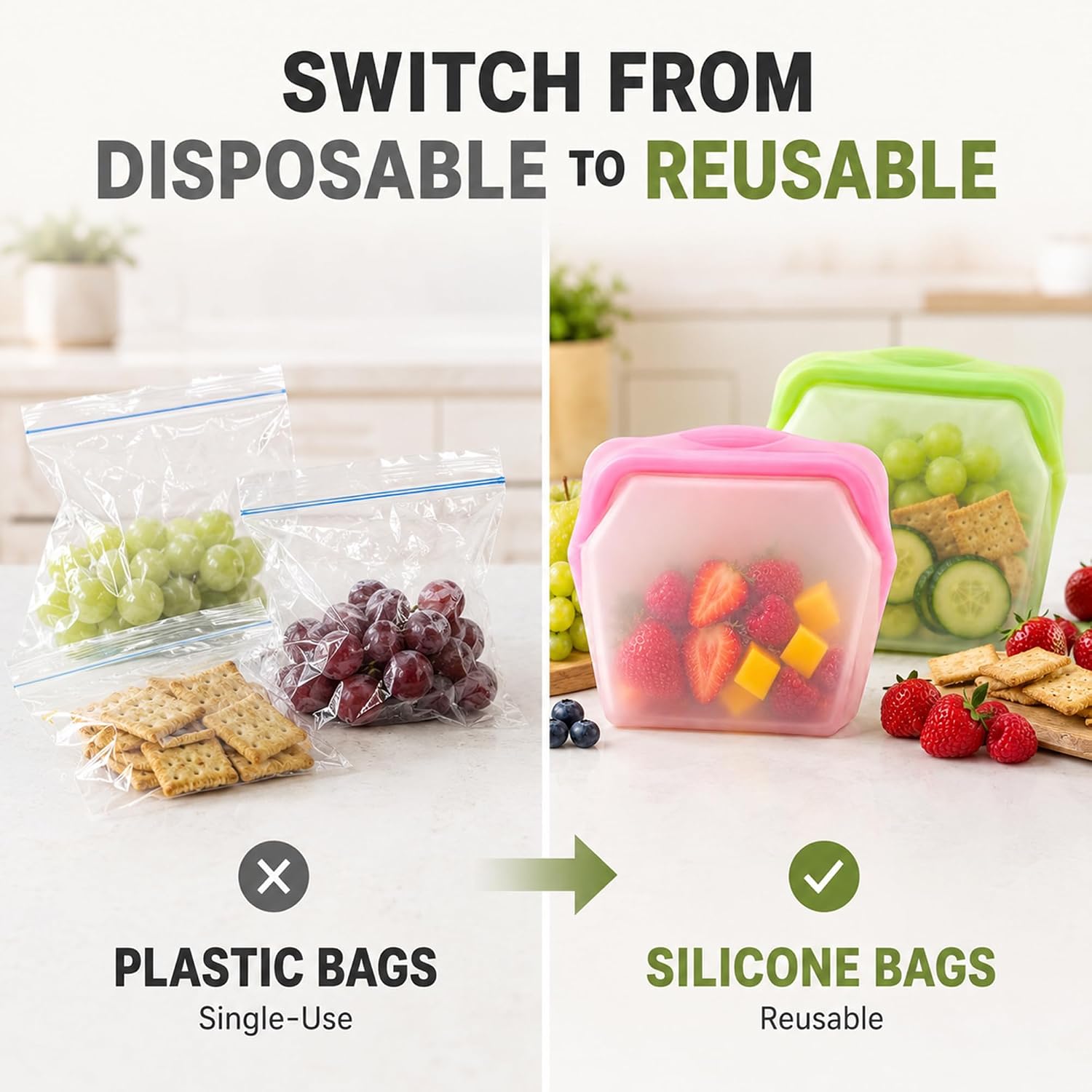 5 Pack 1000ml Stand Up Silicone Food Storage Bags Leakproof