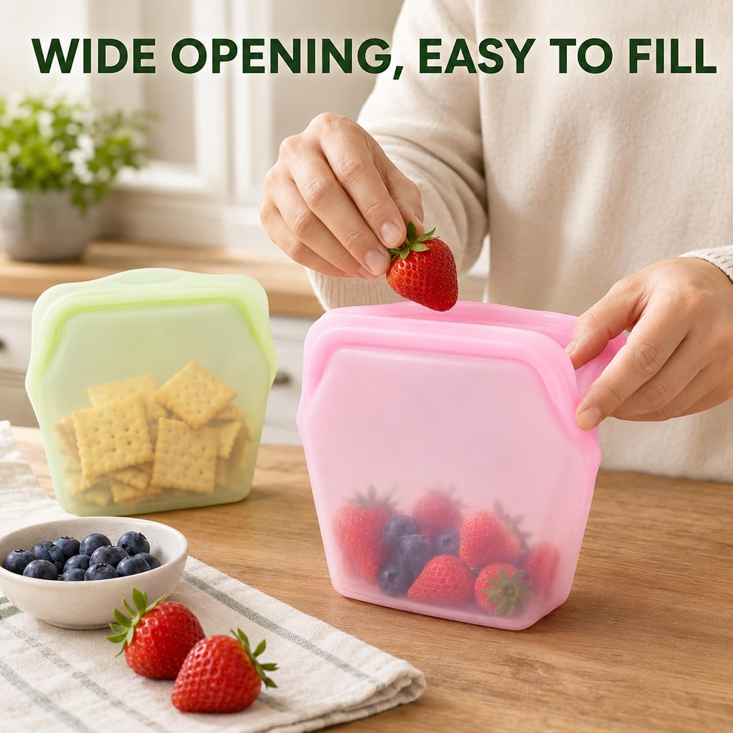 5 Pack 1000ml Stand Up Silicone Food Storage Bags Leakproof