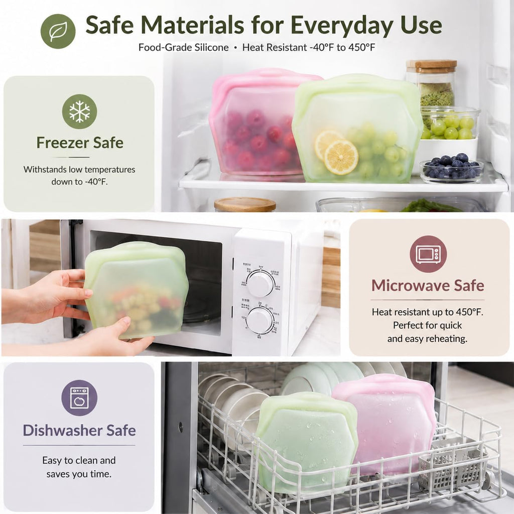 5 Pack 1000ml Stand Up Silicone Food Storage Bags Leakproof